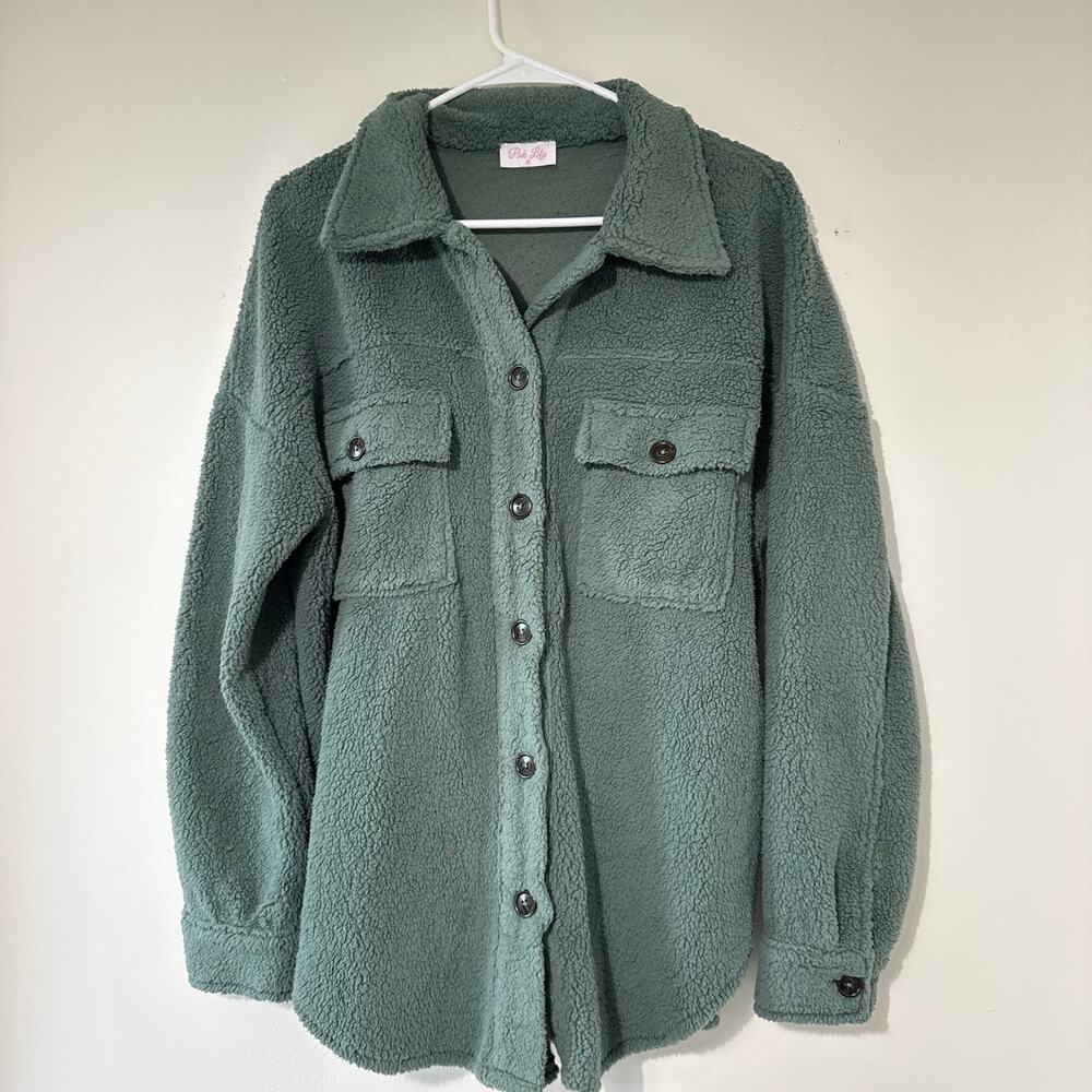 Pink Lily Sherpa Shirt Jacket Shacket Sage Green Teddy Button Front Size Medium - Picture 2 of 5